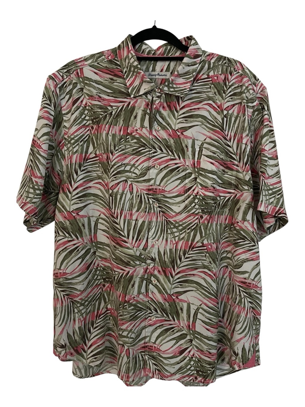 Tommy Bahama White, Green & Pink Palm-Print Short Sleeve Button-Down Silk Shirt
